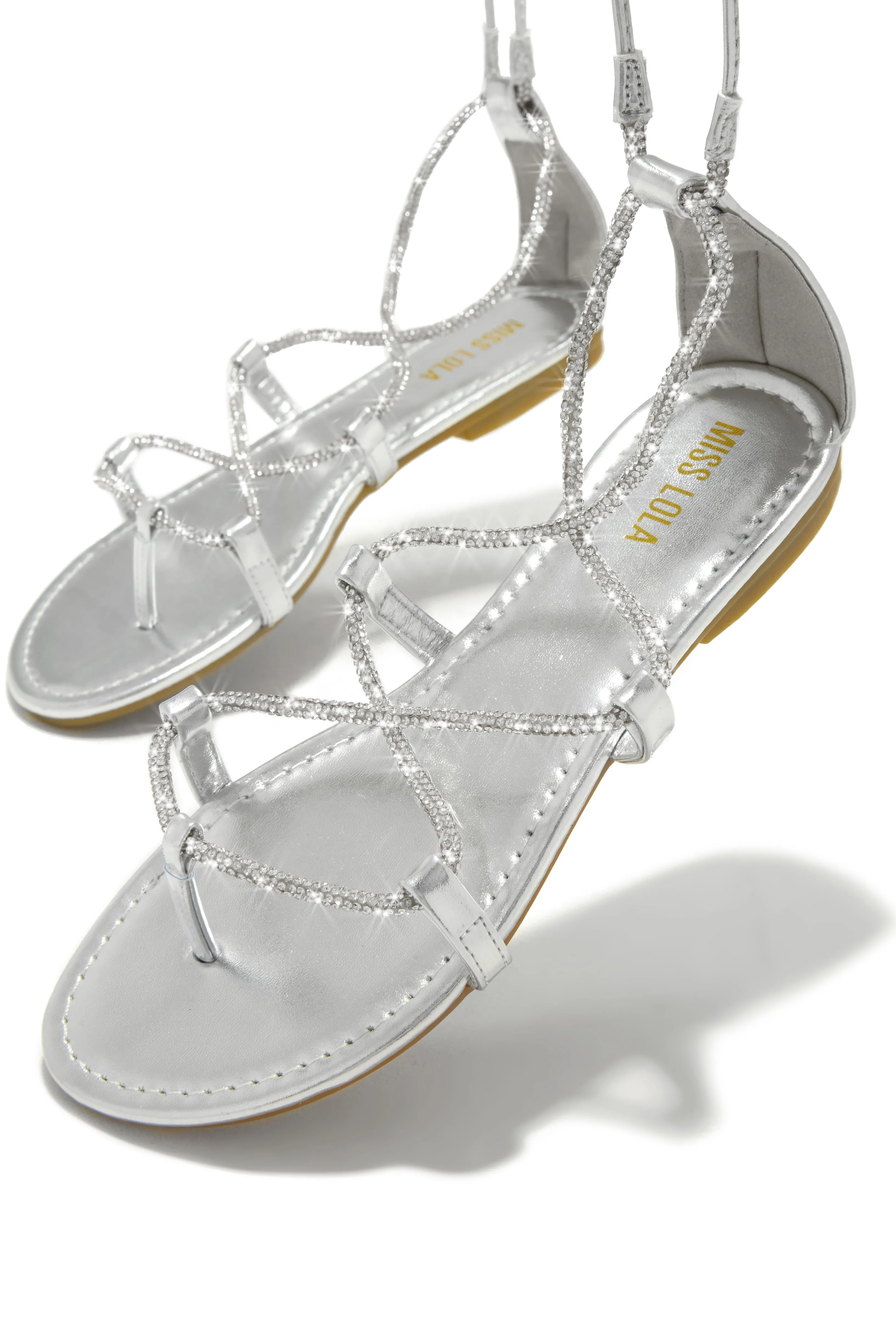Vegas Weekend Embellished Lace Up Sandals - Silver sold by Miss Lola