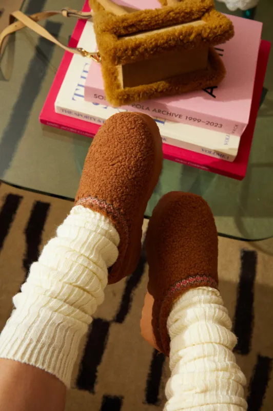 Coffee Break Faux Sherpa Slip On Platforms - Chestnut sold by Miss Lola