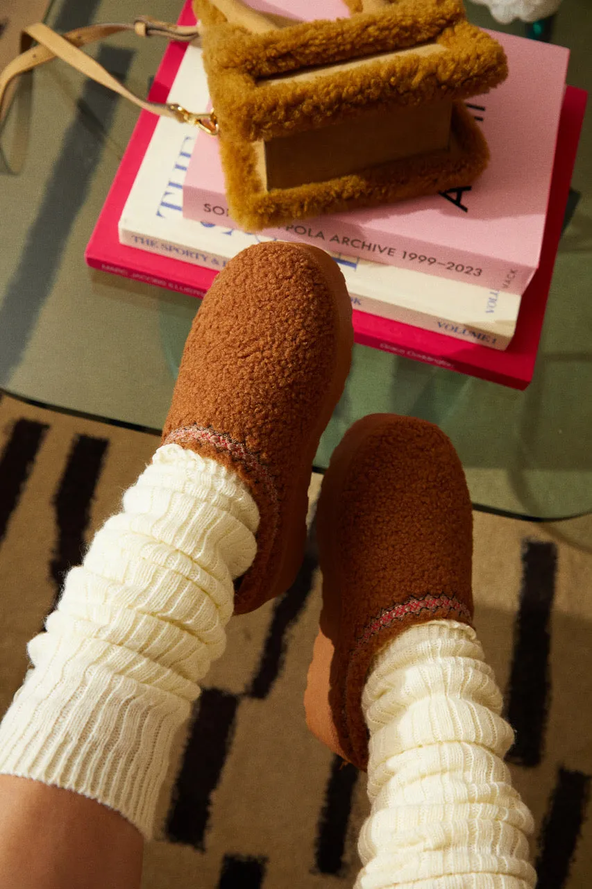 Coffee Break Faux Sherpa Slip On Platforms - Chestnut sold by Miss Lola