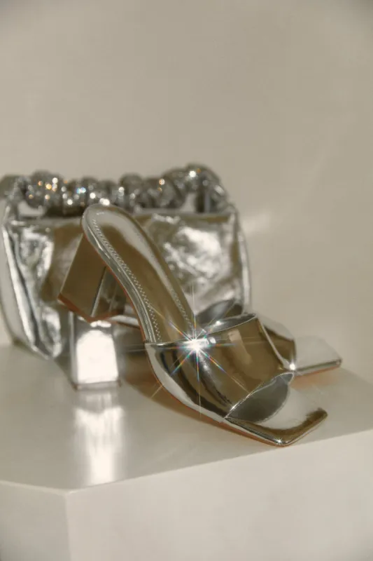 Valentine Block Heel Mules - Silver sold by Miss Lola