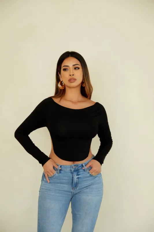 Justine Long Sleeve Open Back Top - Black sold by Miss Lola