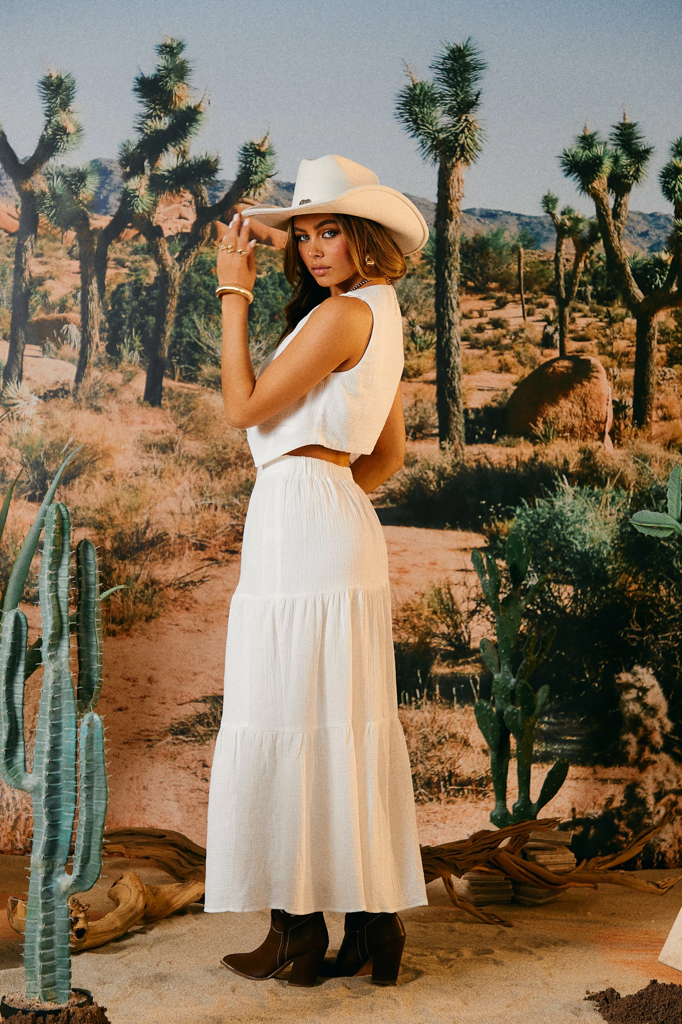 Elya Ruffle Woven Crepe Maxi Skirt - White sold by Miss Lola