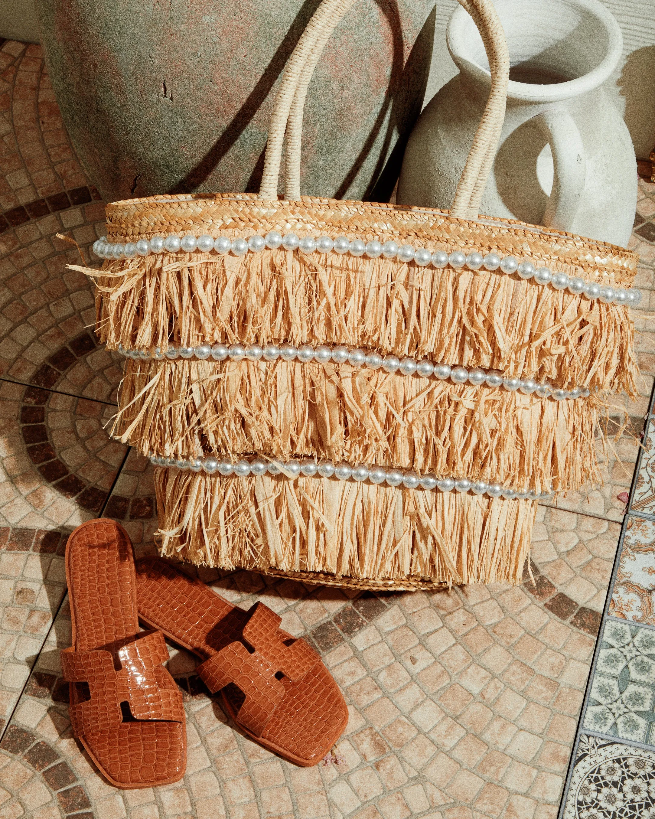 Seaside Resort Pearl Straw Tote Bag - Natural sold by Miss Lola product image thumbnail 5