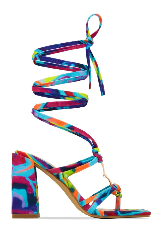 Stepping Out Lace Up Block Heels - Multi sold by Miss Lola