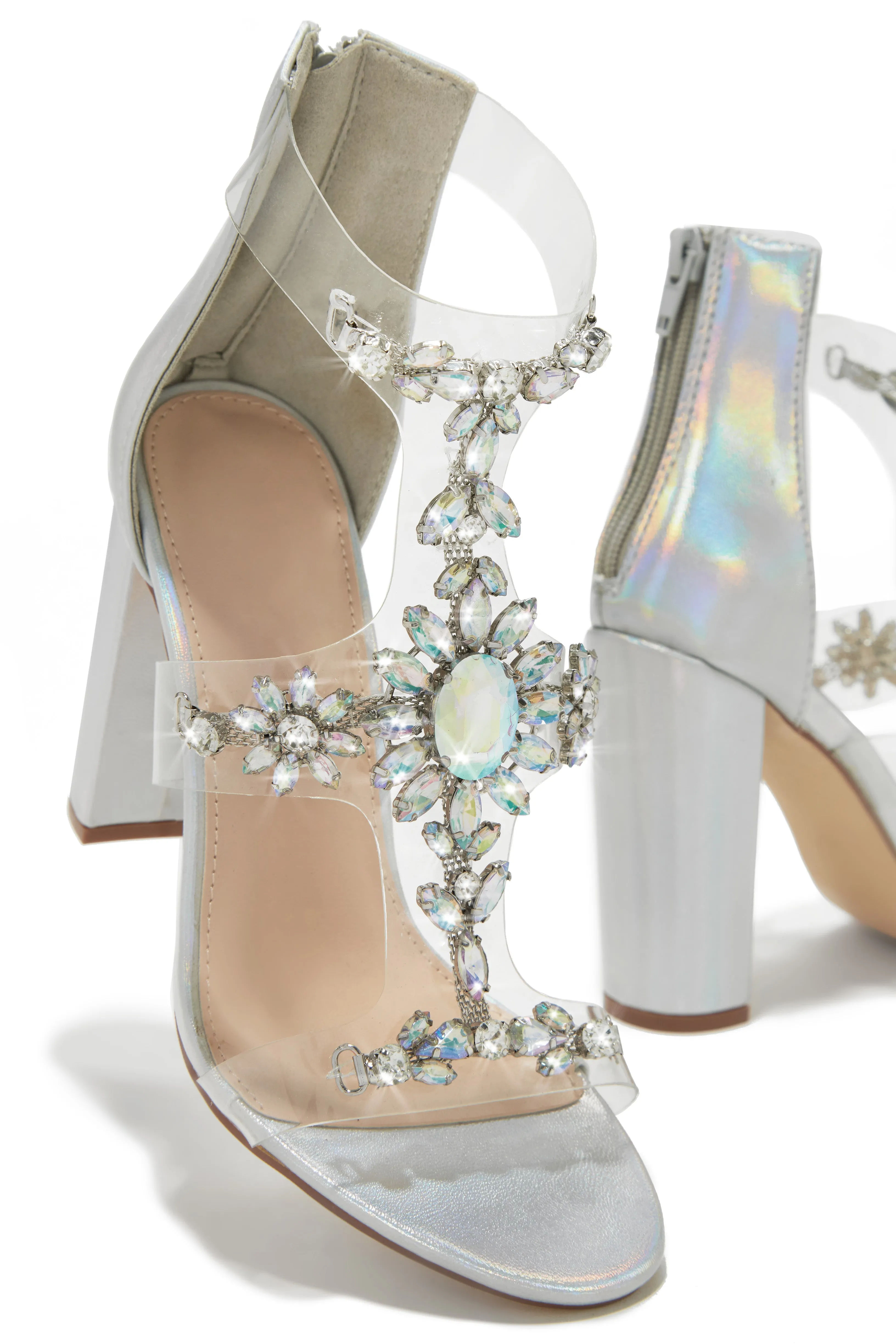 Queen Energy Embellished Clear Strap High Heels - Silver sold by Miss Lola