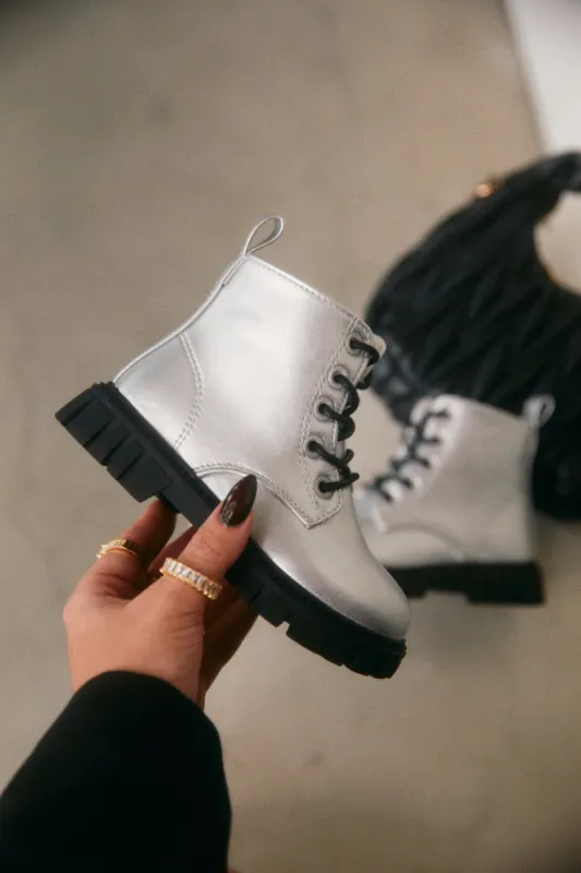 Ariella Lace Up Boots - Silver sold by Miss Lola