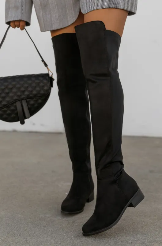 London Flat Over The Knee Boots - Black Suede sold by Miss Lola