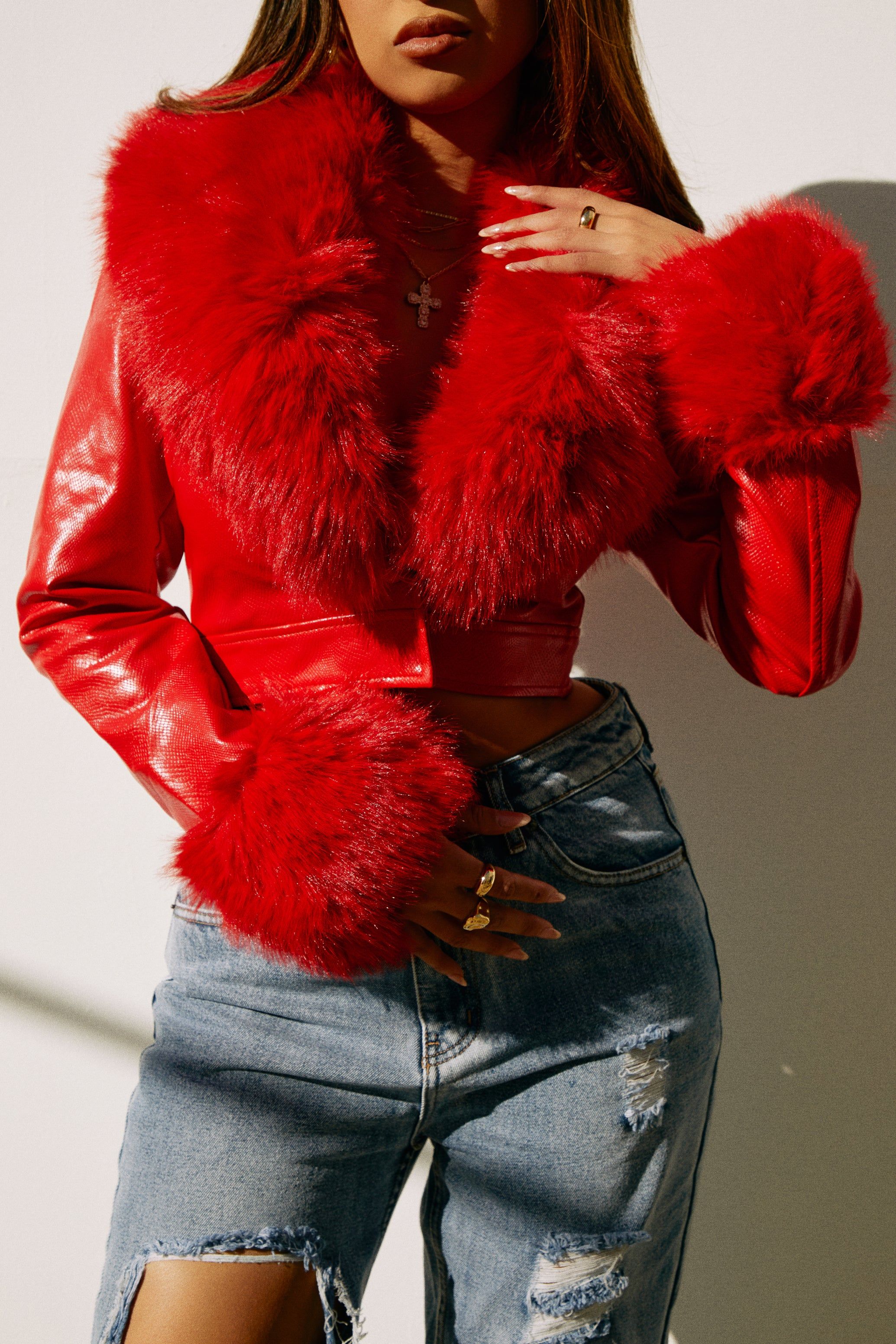 Kaylin Faux Fur Crop Jacket - Red sold by Miss Lola product image thumbnail 2