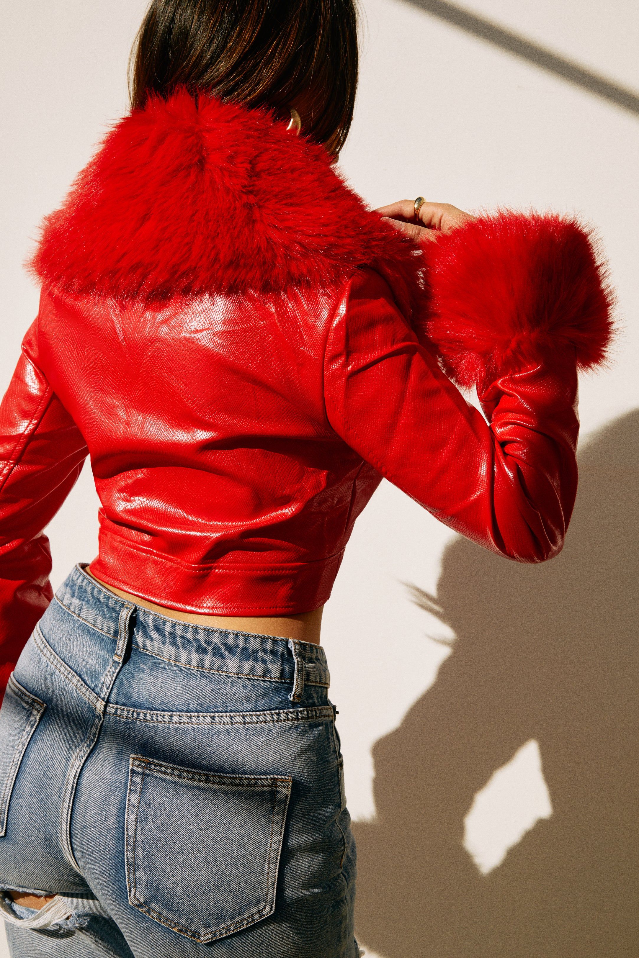 Kaylin Faux Fur Crop Jacket - Red sold by Miss Lola product image thumbnail 3