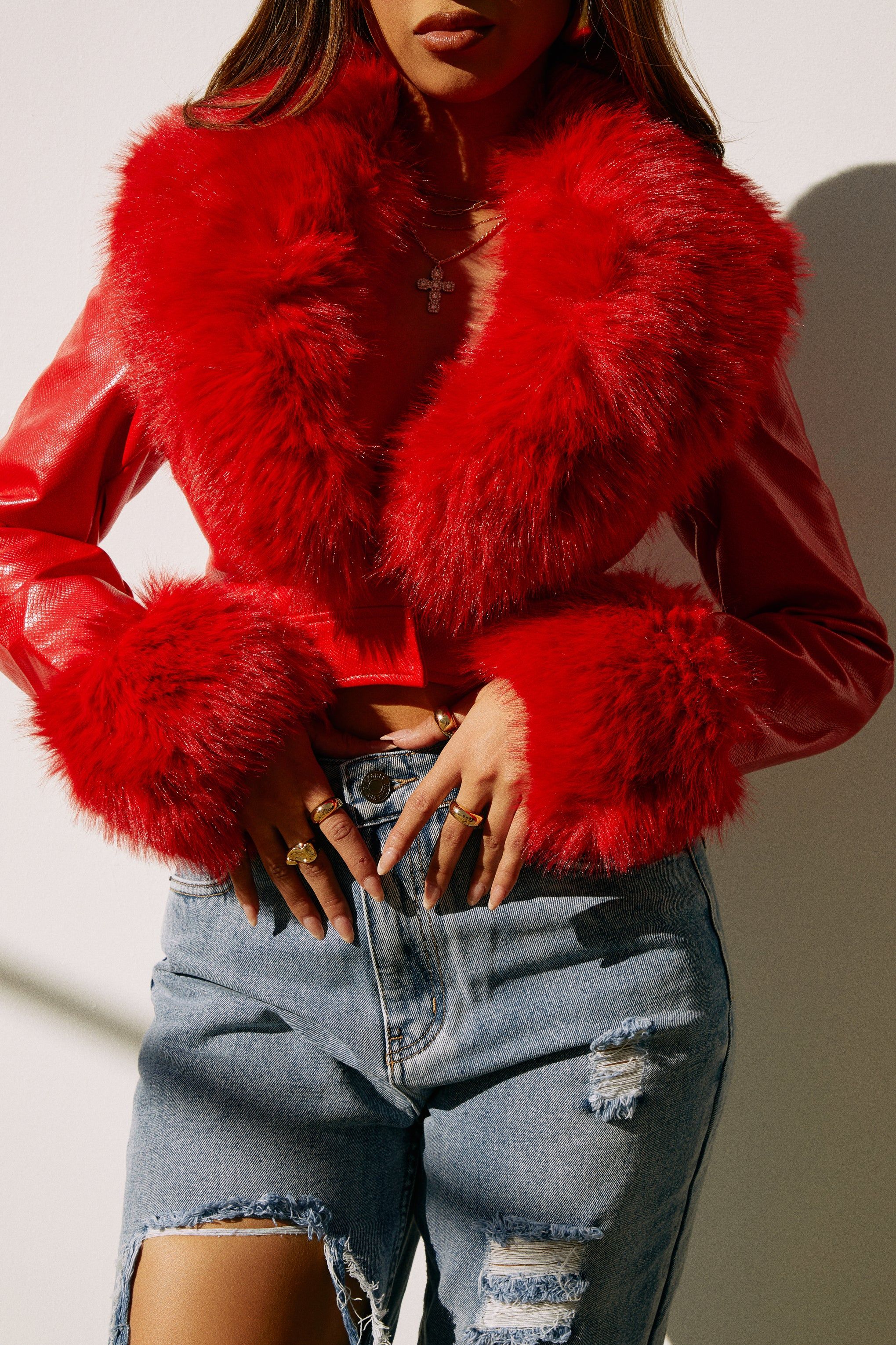 Kaylin Faux Fur Crop Jacket - Red sold by Miss Lola