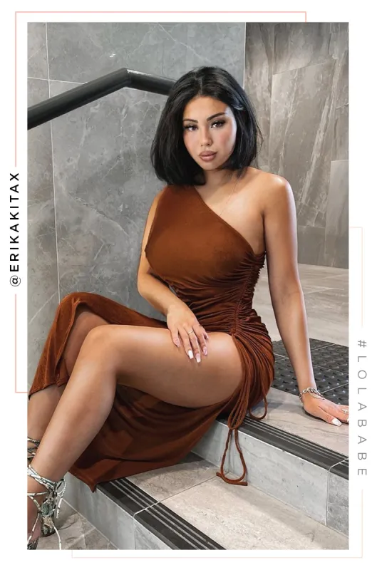 Samera Asymmetrical High Slit Midi Dress - Rust sold by Miss Lola