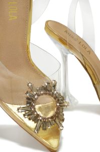 Luxe Affair Embellished Clear Pointed Toe Pumps - Gold sold by Miss Lola