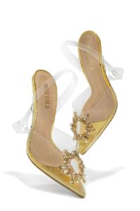Luxe Affair Embellished Clear Pointed Toe Pumps - Gold sold by Miss Lola