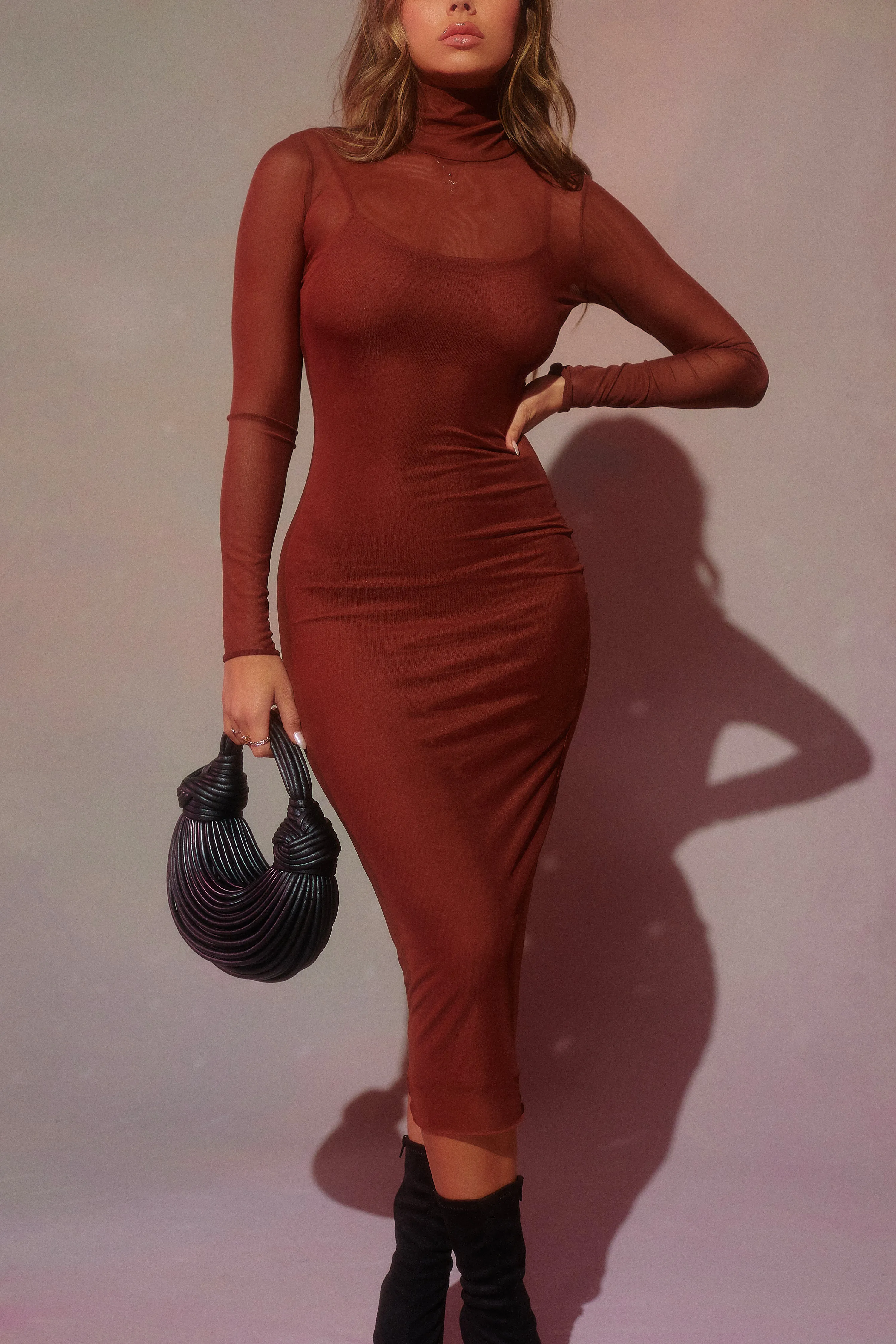 Ineza Long Sleeve Midi Dress - Brown sold by Miss Lola product image thumbnail 3