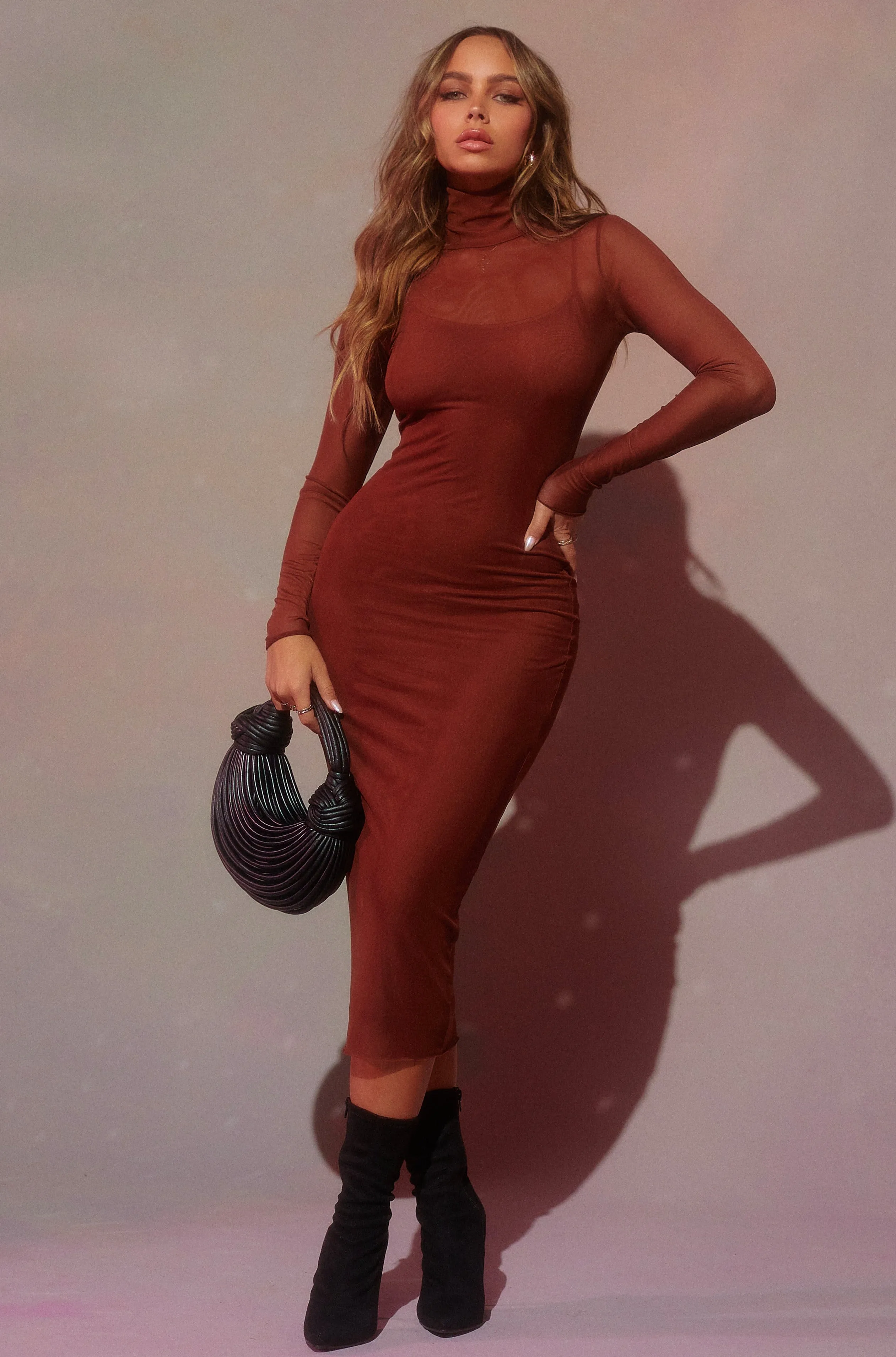 Ineza Long Sleeve Midi Dress - Brown sold by Miss Lola product image thumbnail 2