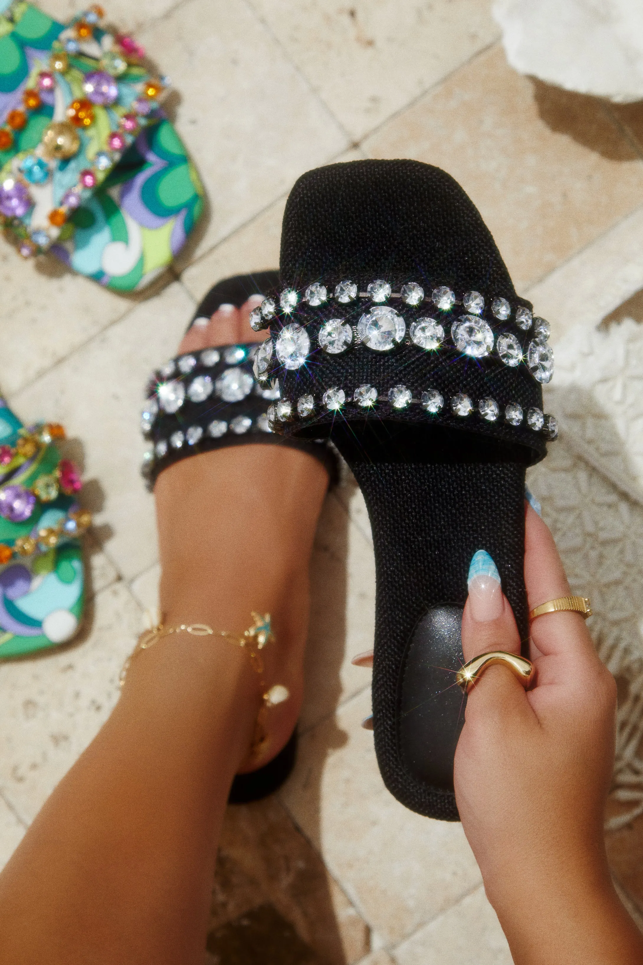 Luxe Paradise Embellished Slip On Sandals - Black sold by Miss Lola