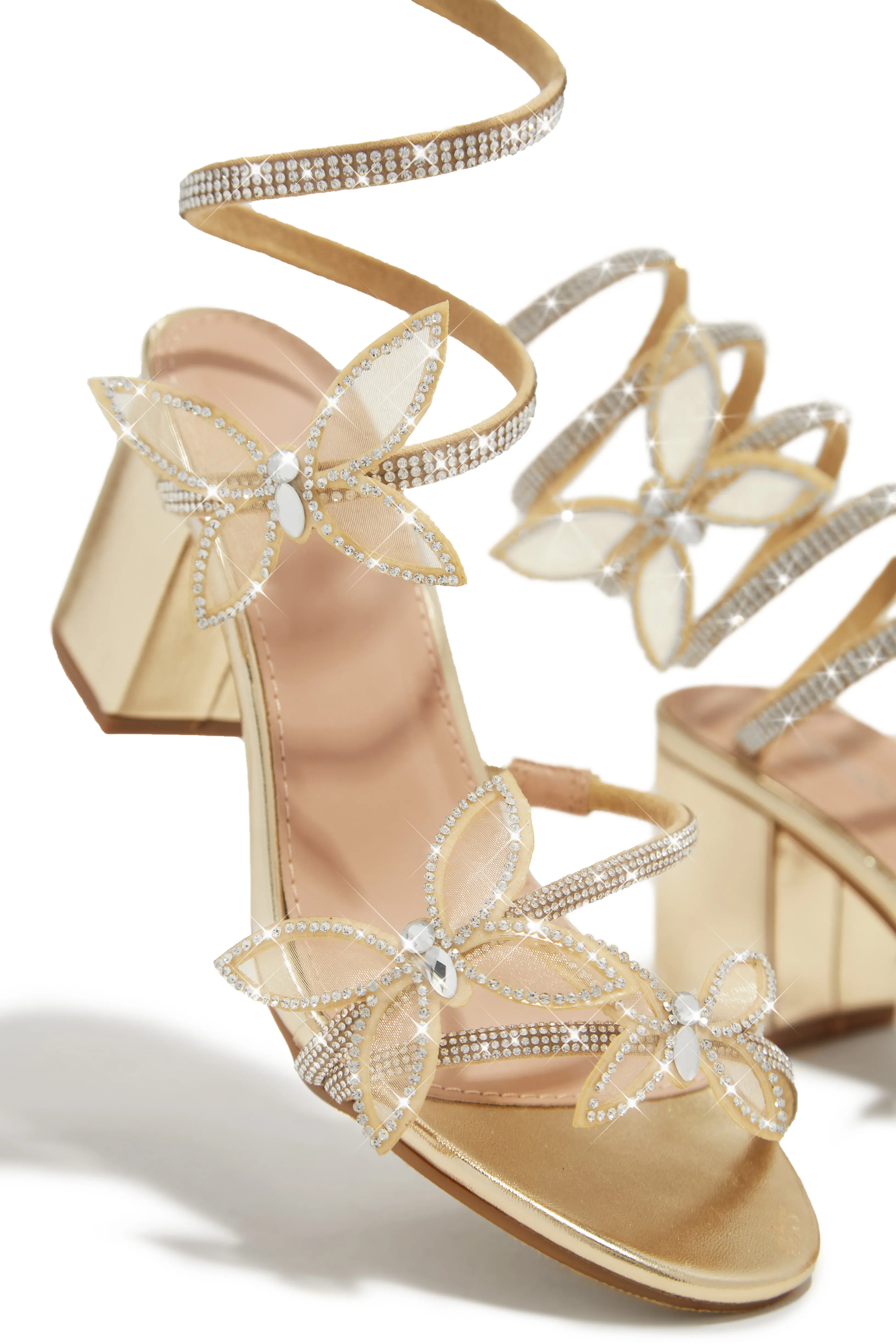 Fantasy Embellished Around The Ankle Coil Block Heels - Gold sold by Miss Lola