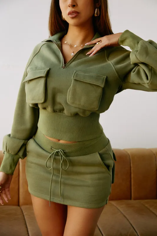 Unbothered Quarter Zip Cargo Sweater - Green sold by Miss Lola
