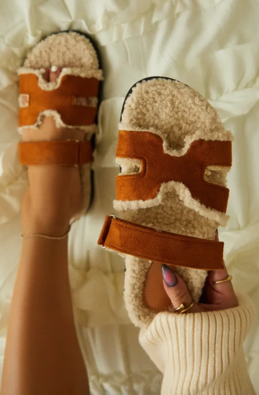 Bailey Faux Sherpa Slip On Sandals - Chestnut sold by Miss Lola