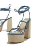 Brunch Al Fresco Lace Up Platform Block High Heels - Denim sold by Miss Lola