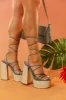 Brunch Al Fresco Lace Up Platform Block High Heels - Denim sold by Miss Lola