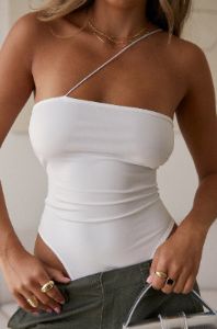 Elani Asymmetrical Bodysuit Top - White sold by Miss Lola