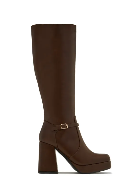 Hazelle Platform Block Heel Boots - Brown sold by Miss Lola