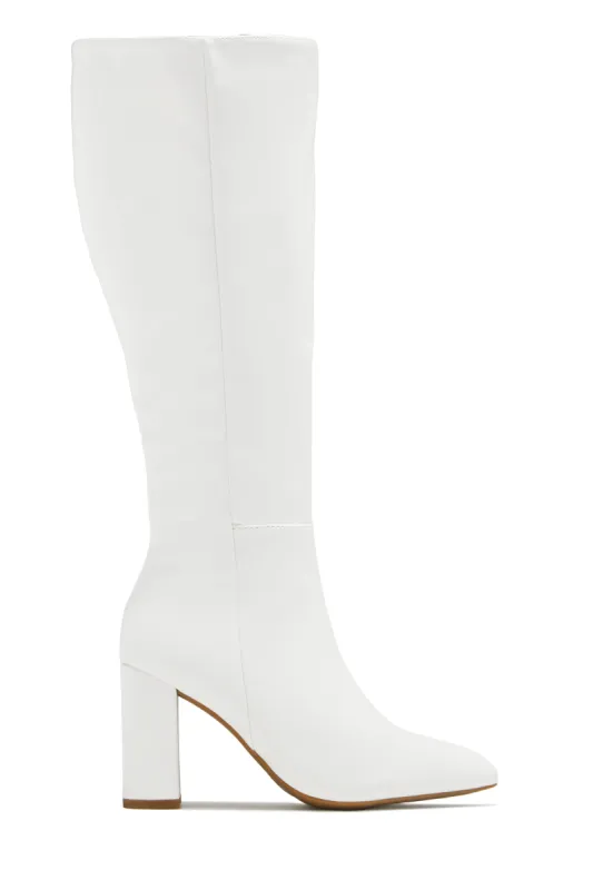 Fine Time Block Heel Knee High Boots - White sold by Miss Lola
