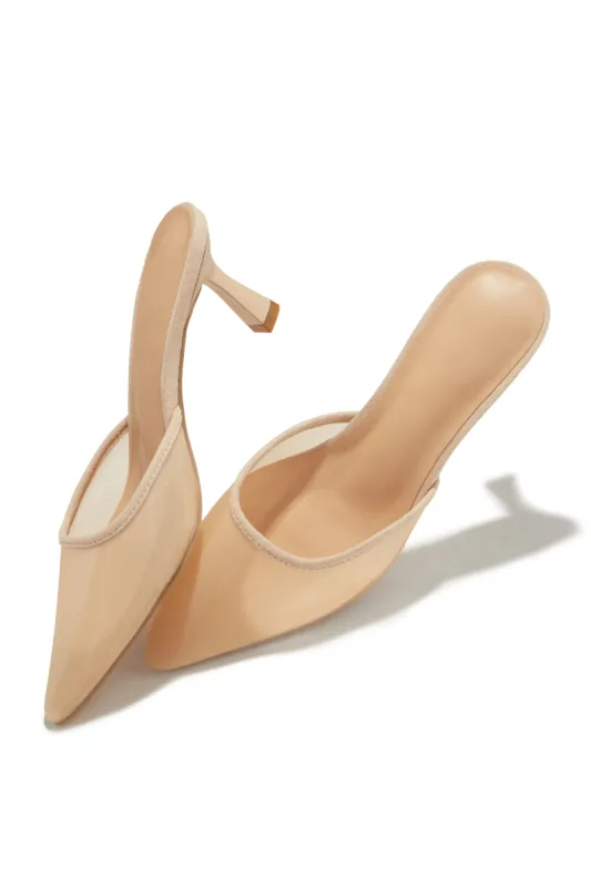 Madelyn Pointed Toe Mid Heel Mules - Nude sold by Miss Lola