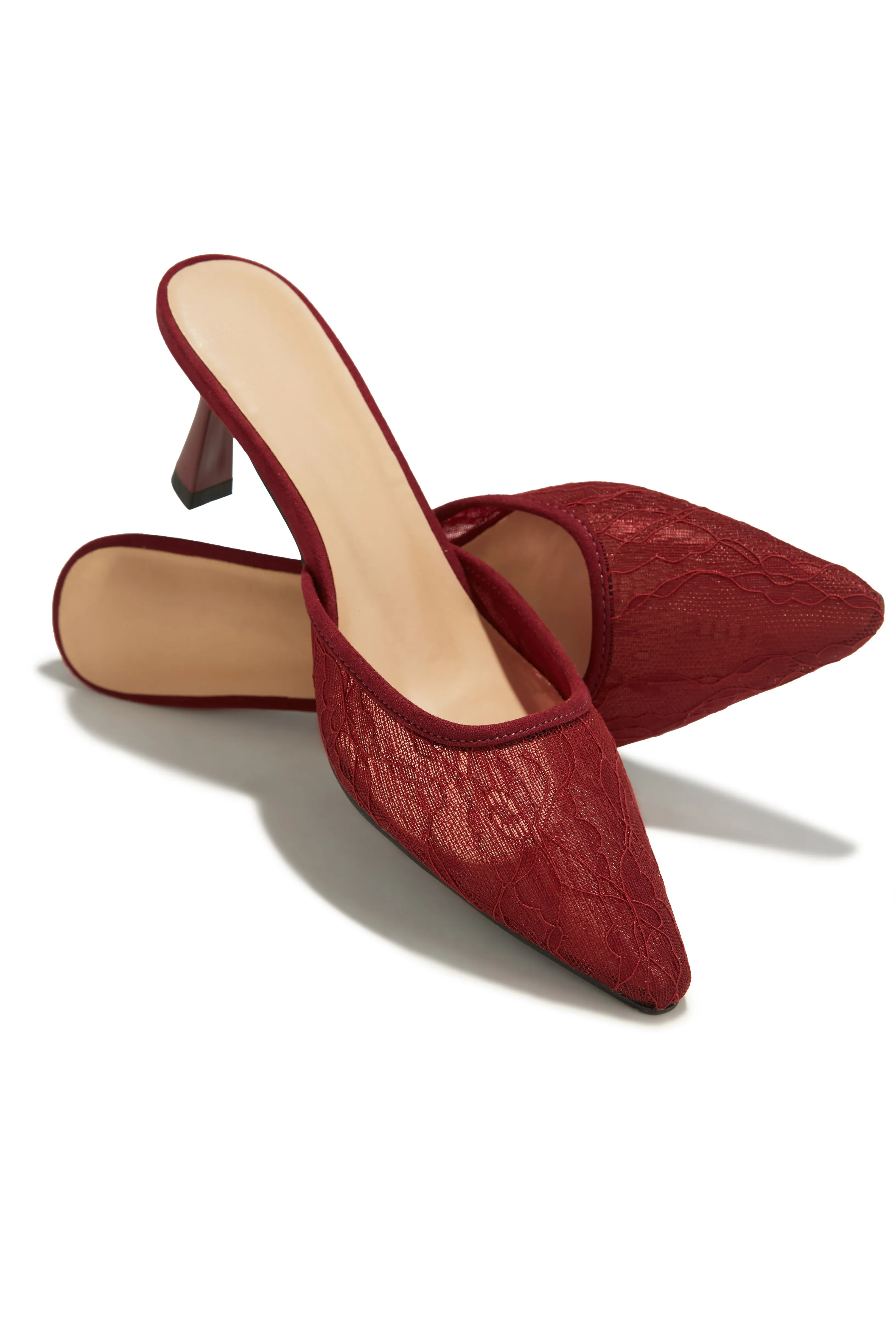 Madelyn Pointed Toe Mid Heel Mules - Cherry sold by Miss Lola