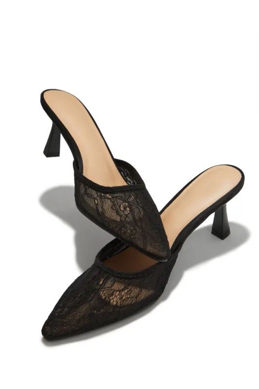 Madelyn Pointed Toe Mid Heel Mules - Black sold by Miss Lola