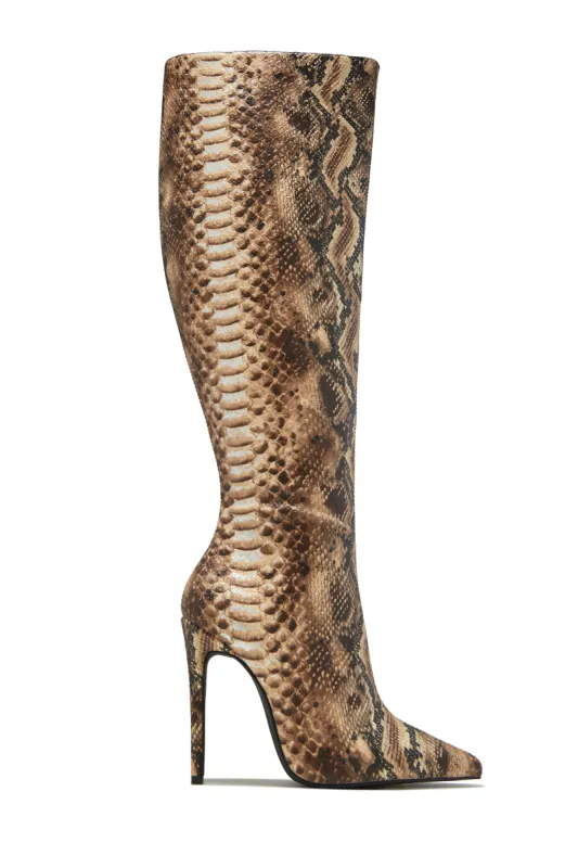 Genesis Knee High Heel Boots - Snake sold by Miss Lola
