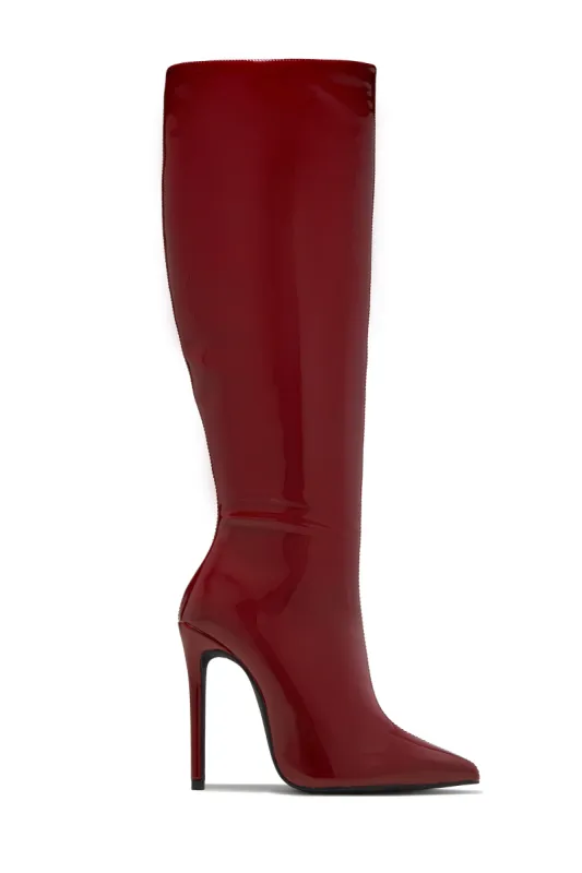 Genesis Knee High Heel Boots - Cherry sold by Miss Lola