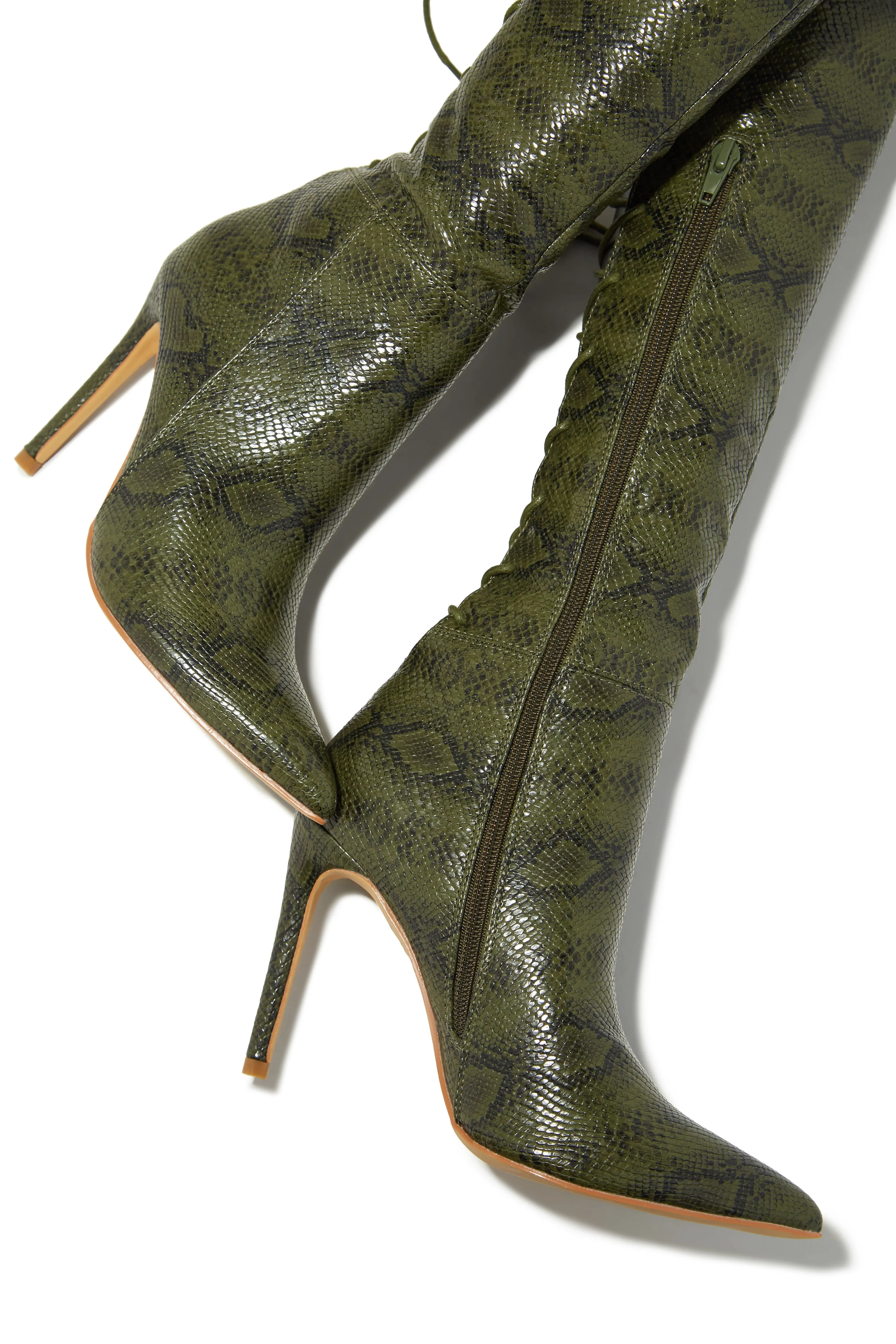 Eve Back Lace Up Knee High Boots - Green Snake sold by Miss Lola product image thumbnail 2