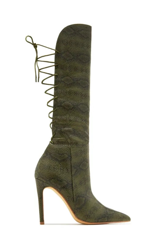 Eve Back Lace Up Knee High Boots - Green Snake sold by Miss Lola