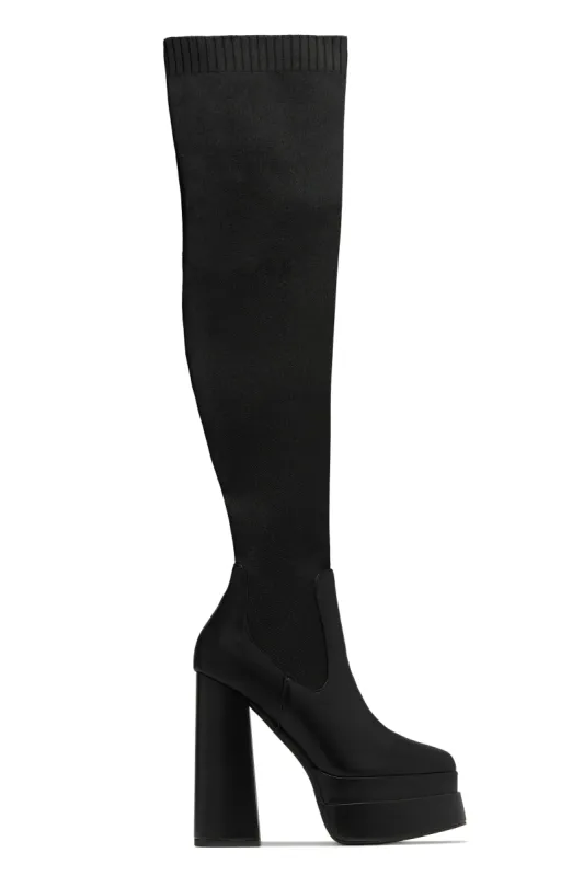 Nelle Over The Knee Platform Block Heel Boots - Black Pu sold by Miss Lola
