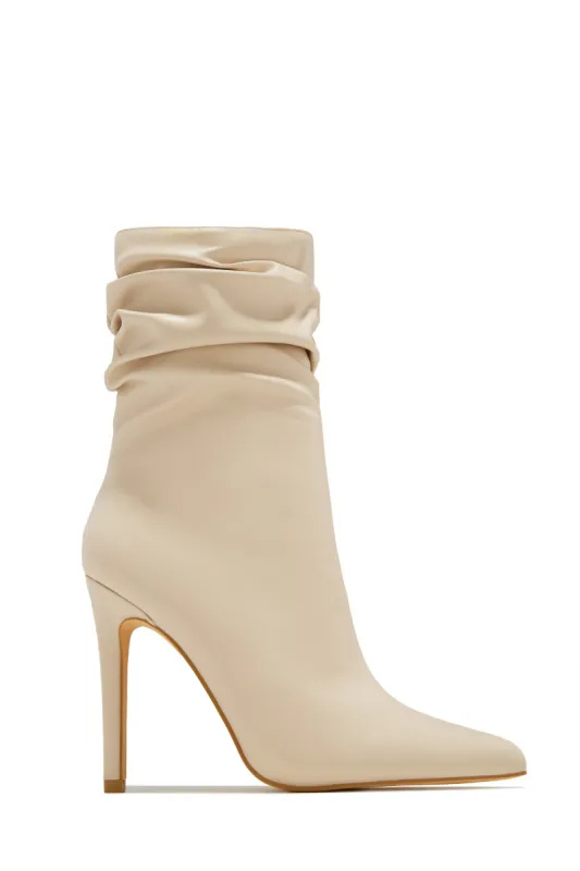 So Flirty Ruched Detailed Ankle Heel Boots - Bone sold by Miss Lola