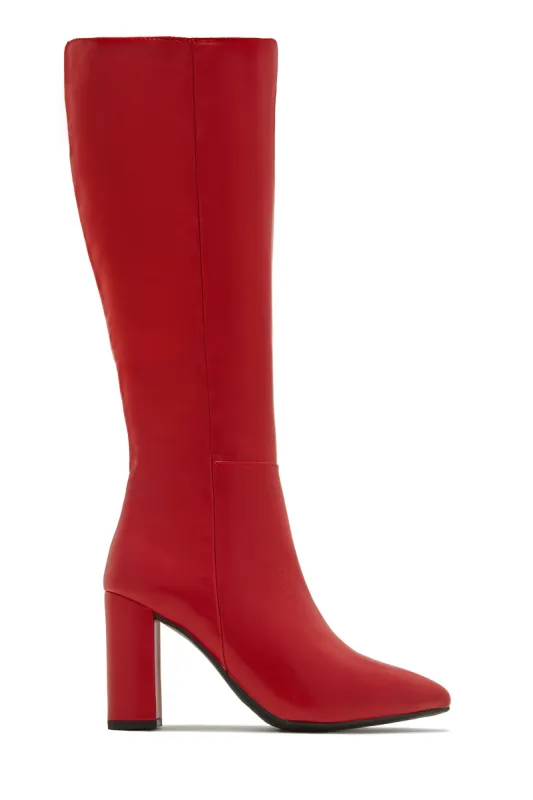 Fine Time Block Heel Knee High Boots - Red sold by Miss Lola