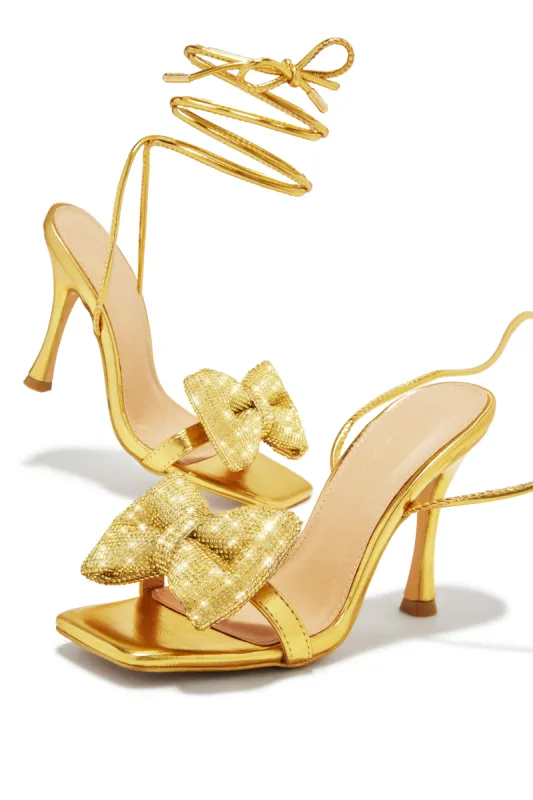 Ciela Lace Up Embellished Bow Heels - Gold sold by Miss Lola