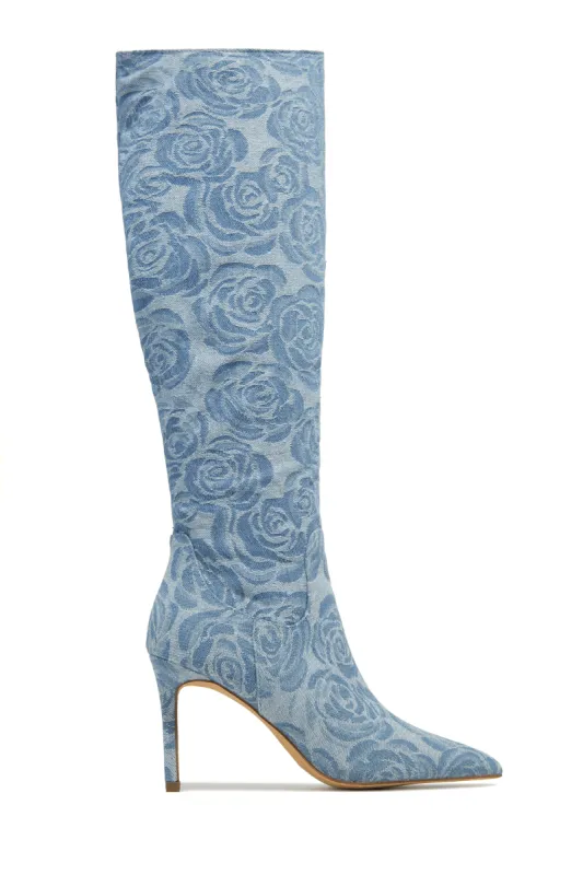 Nissa Knee High Heel Boots - Denim sold by Miss Lola
