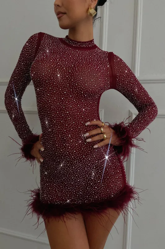 Your Dream Girl Embellished Mesh Mini Dress - Wine sold by Miss Lola
