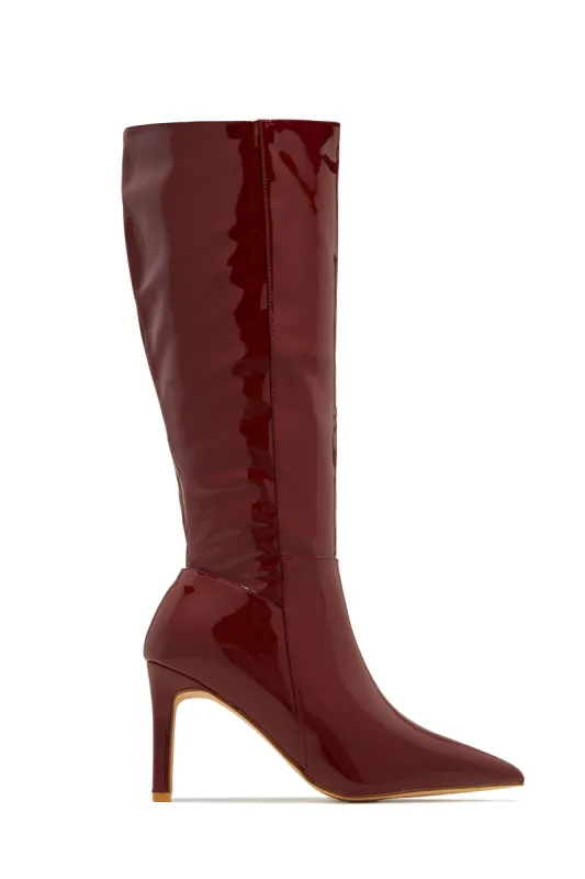 Scarlette Below The Knee Heel Boots - Cherry Pat sold by Miss Lola