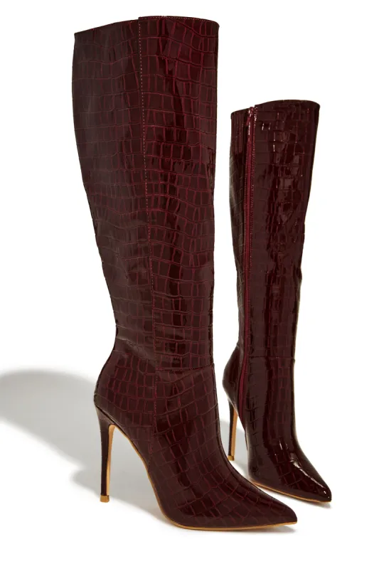 Trisha Knee High Heel Boots - Cherry sold by Miss Lola