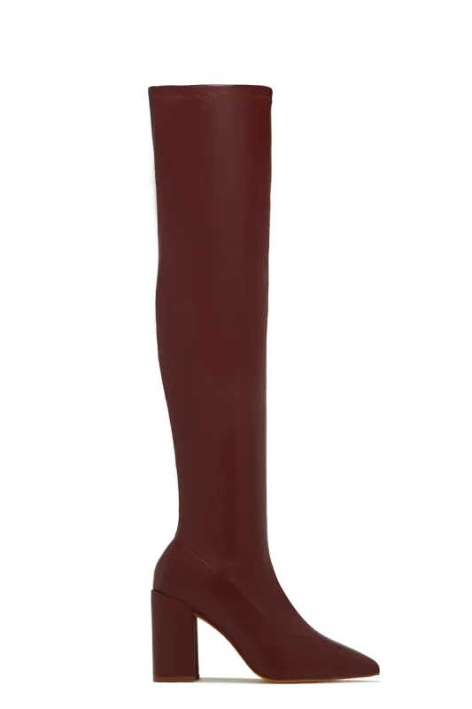 Make A Statement Block Heel Over The Knee Boots - Cherry sold by Miss Lola