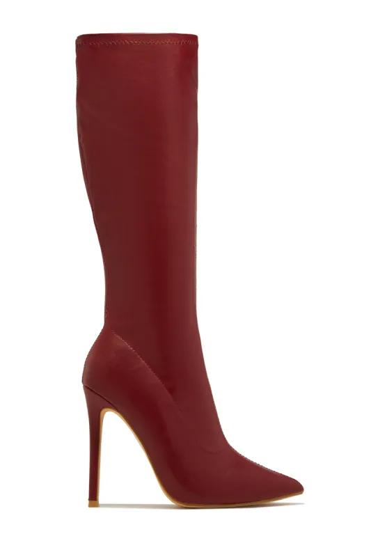 So Dramatic Knee High Heel Boots - Wine sold by Miss Lola