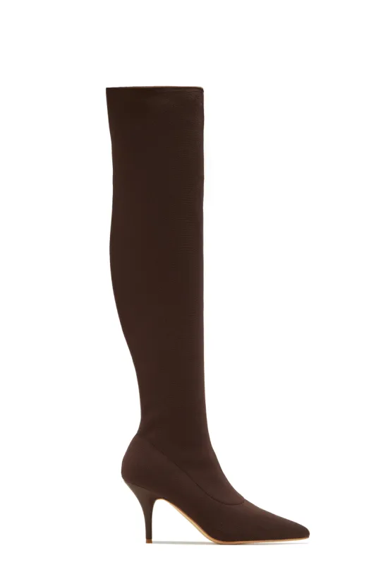 Evie Over The Knee Heel Boots - Brown sold by Miss Lola