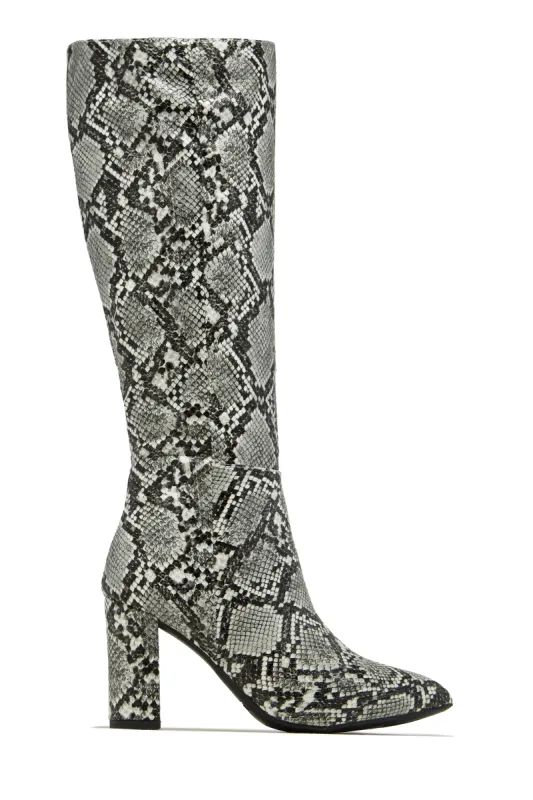 Fine Time Block Heel Knee High Boots - Snake sold by Miss Lola