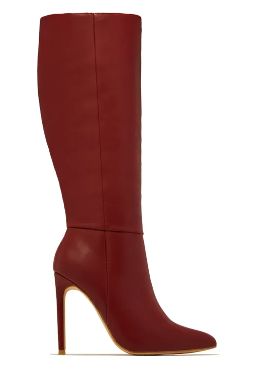 Tyrah Up To The Knee Heel Boots - Wine sold by Miss Lola