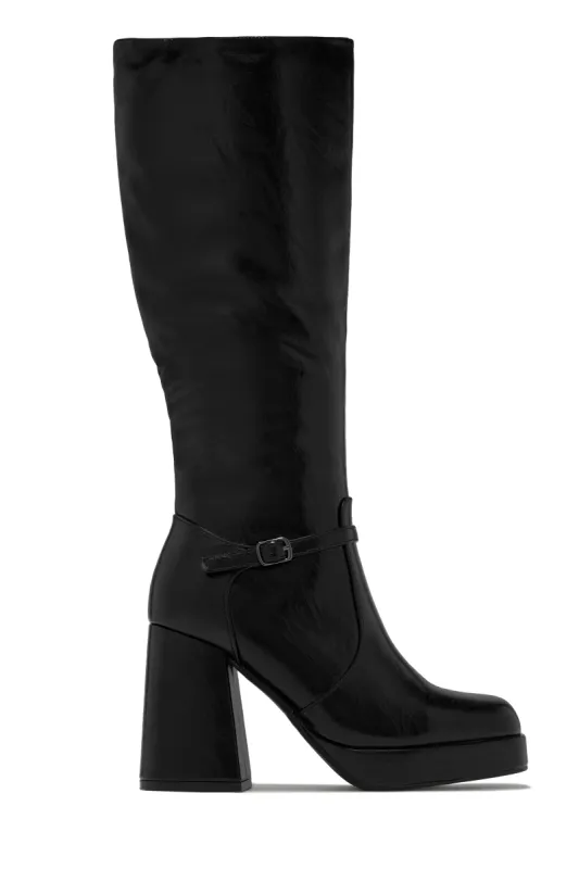 Hazelle Platform Block Heel Boots - Black Pat sold by Miss Lola