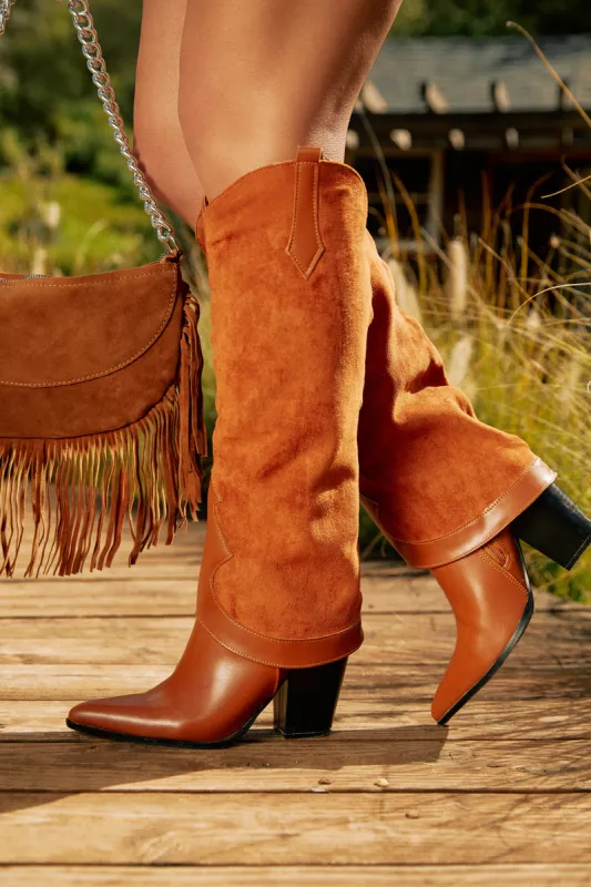 Jolene Knee High Block Heel Boots - Brown sold by Miss Lola